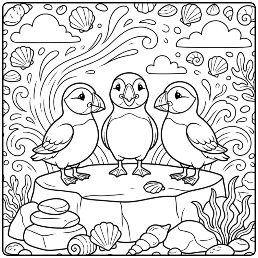 Three Cheerful Puffins at Sea coloring page