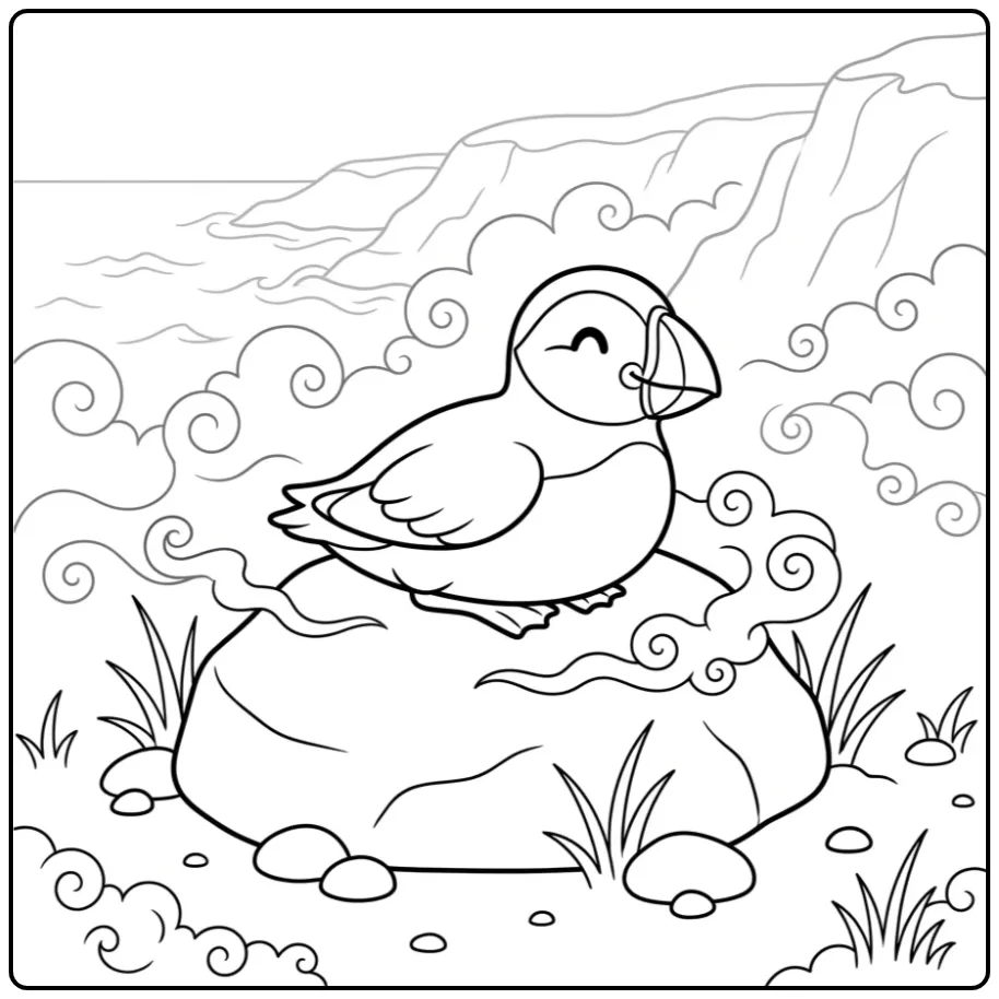 Puffin with Mist and Cliffs at the Coast coloring page