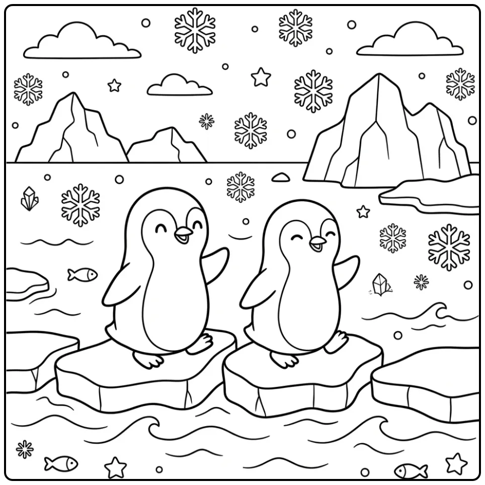 Penguin Adventure on Floating Ice Floes coloring page