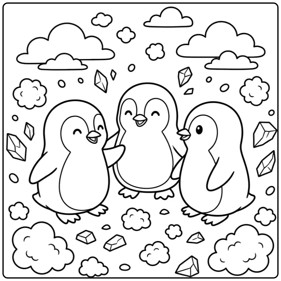 Three Cheerful Penguin Friends in the Snow coloring page