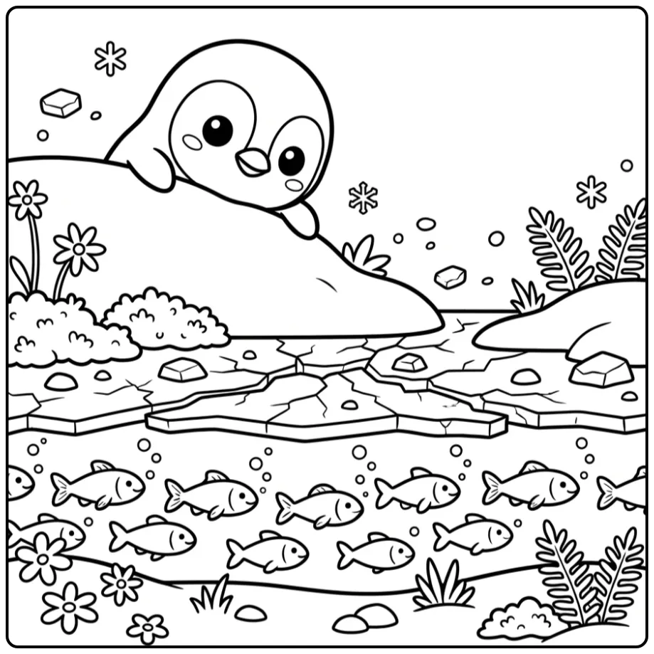 Penguin and Fish in a Winter Landscape coloring page
