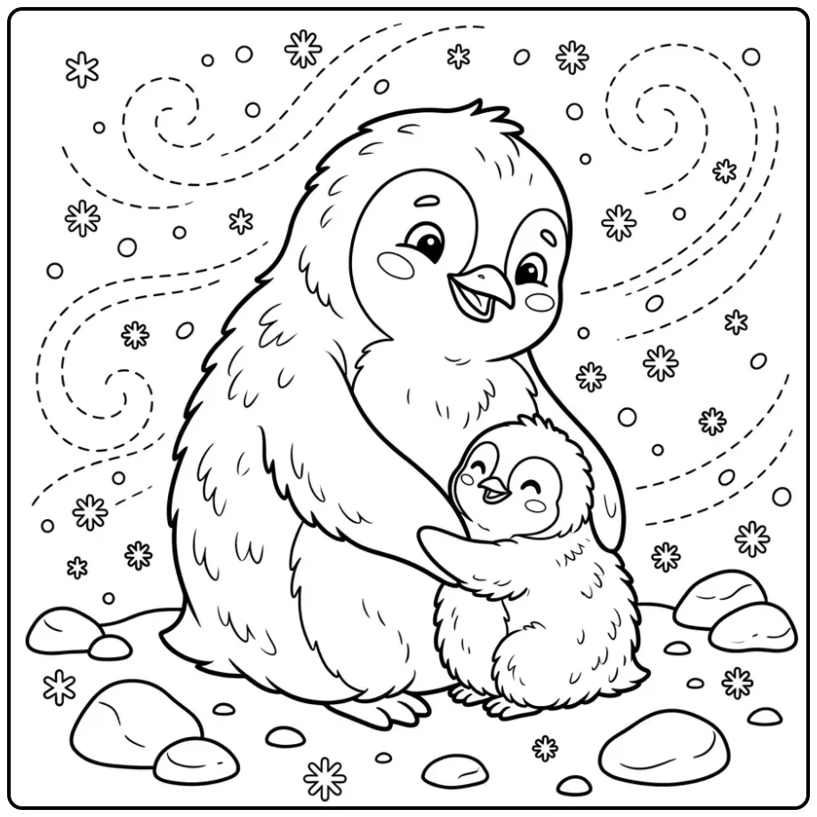 Penguin Family Cuddling in Wintry Snow coloring page