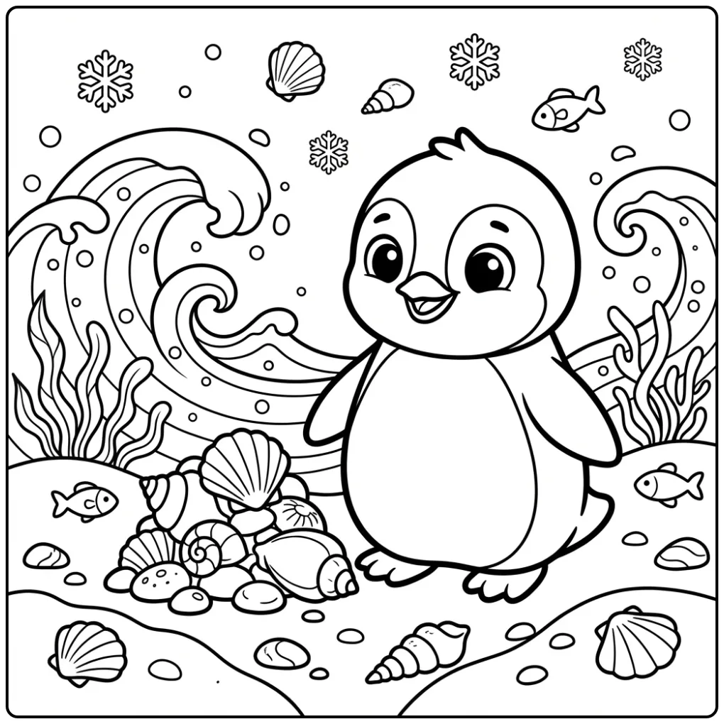 Penguin Chick with Shells and Pebbles by the Sea coloring page
