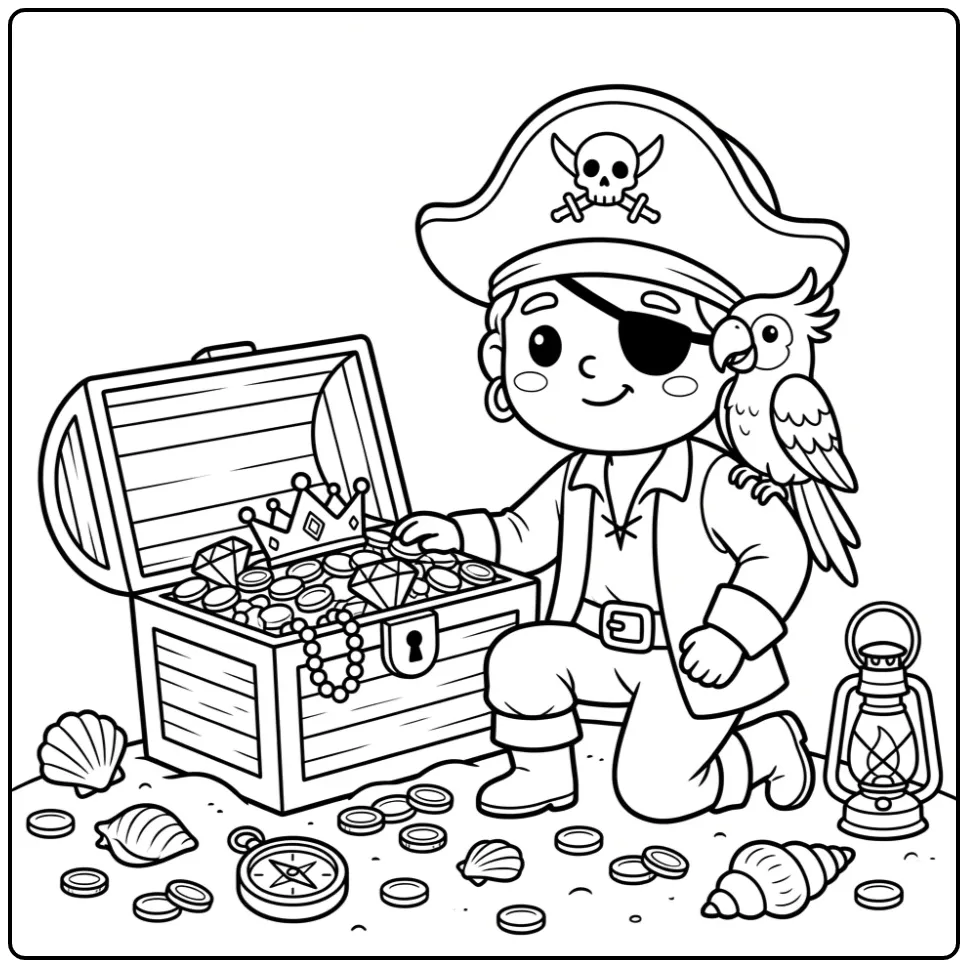 Pirate with Parrot and Found Treasures coloring page