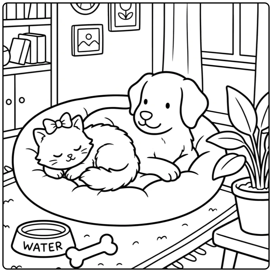 Cat and Dog Sleeping in Living Room coloring page