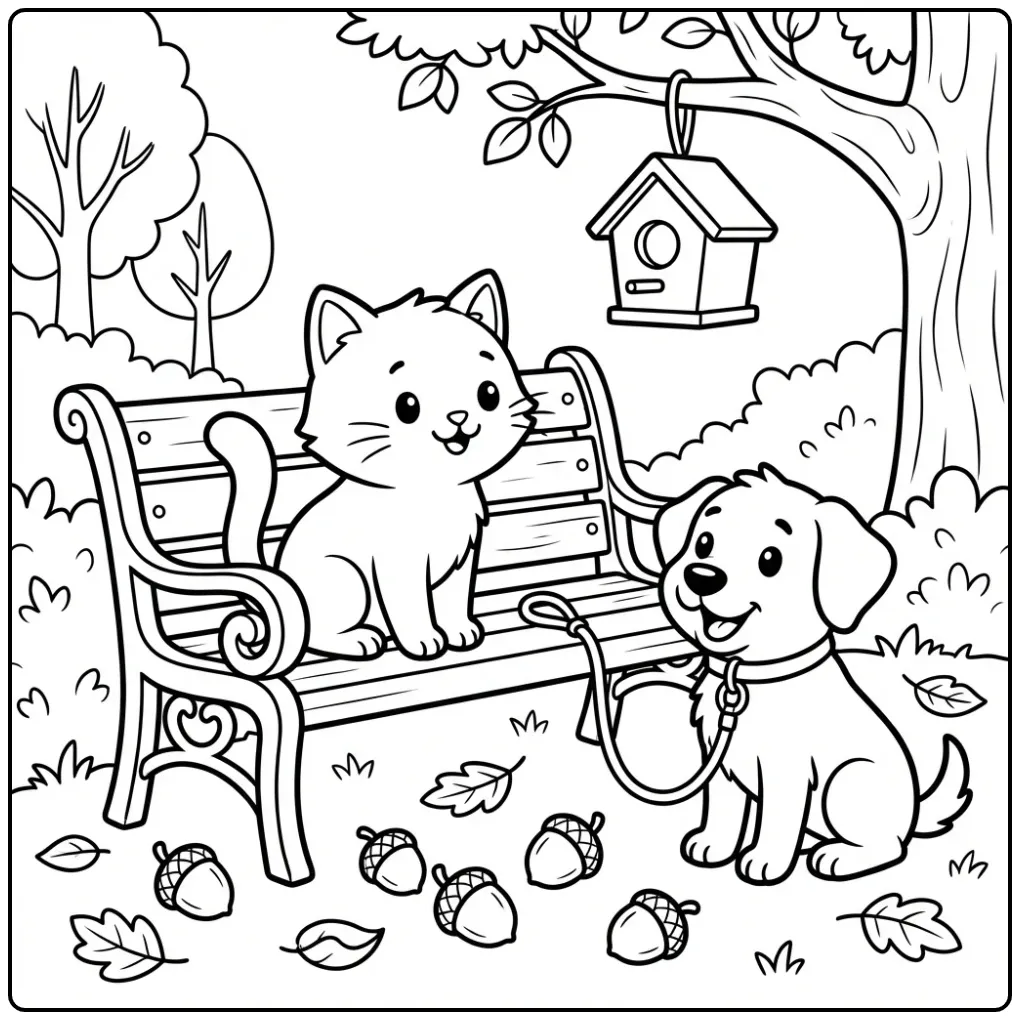 Cat and Dog Friends in an Autumn Park coloring page