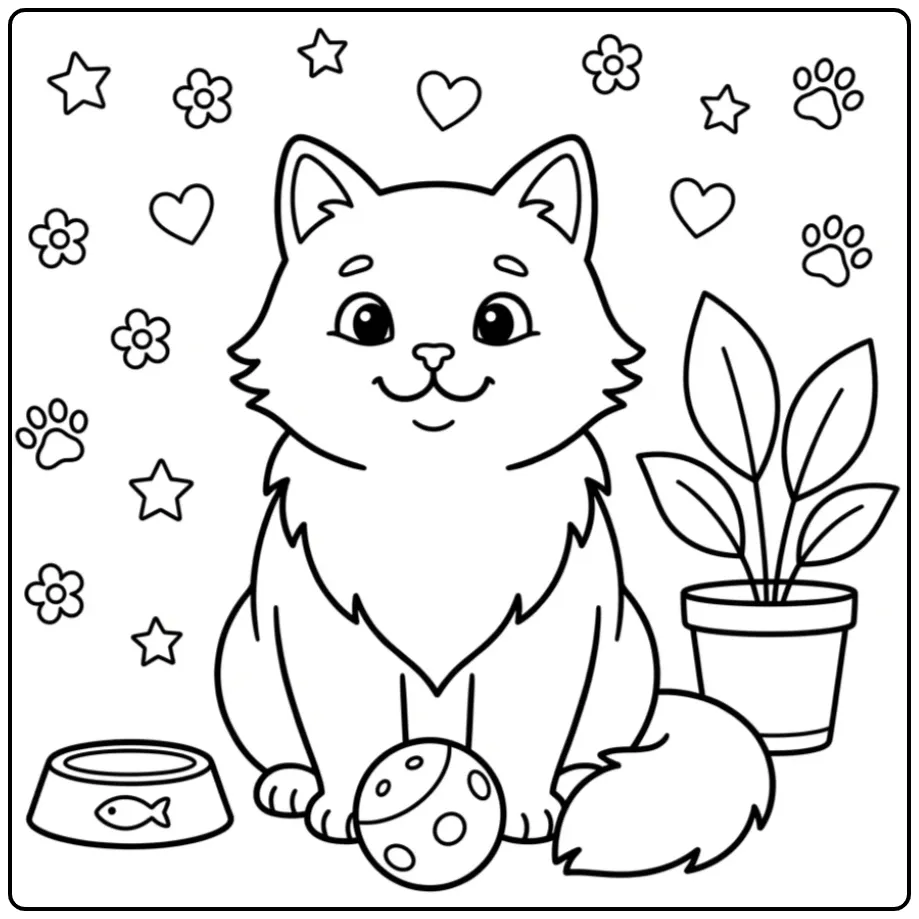 Easy Cat with a Ball and Plant for Children coloring page