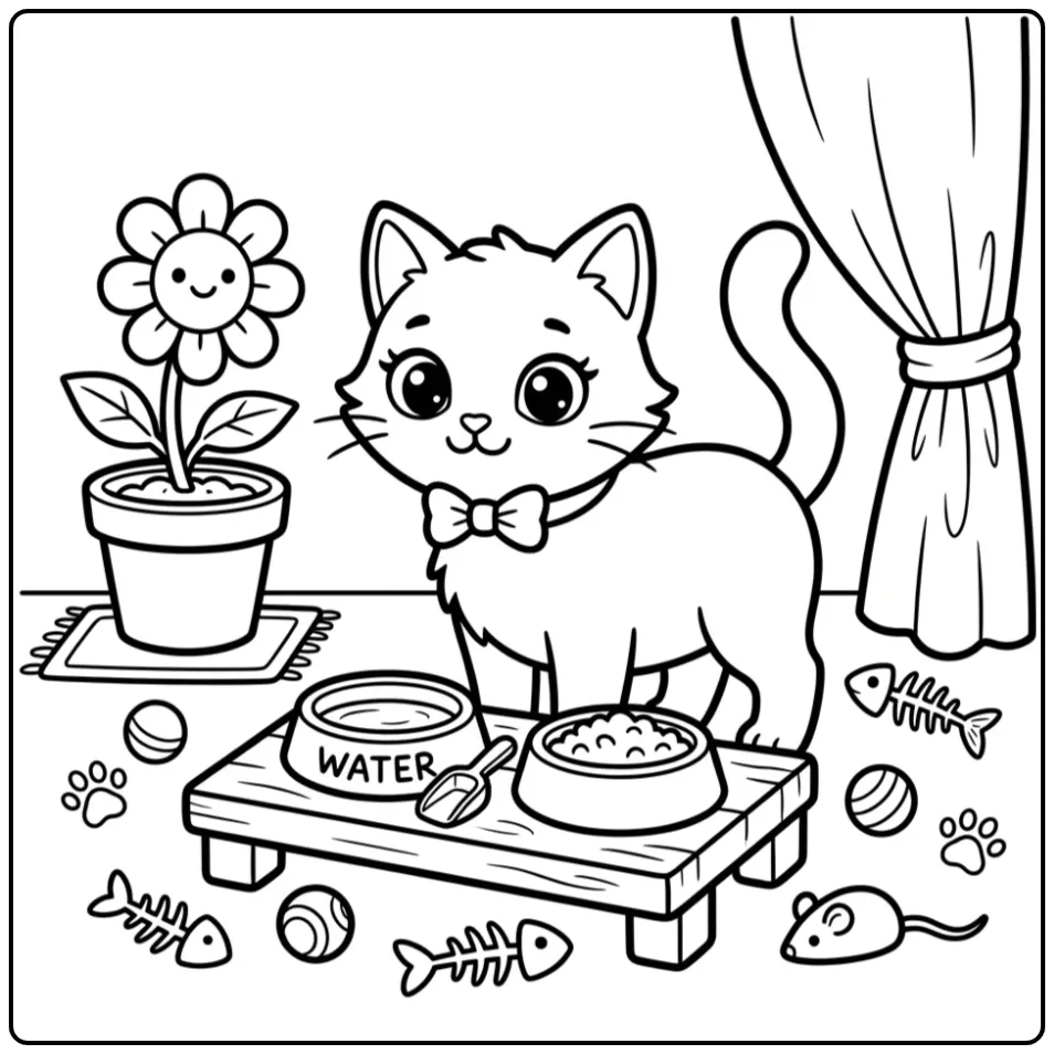 Easy Cat Standing with a Water Bowl coloring page