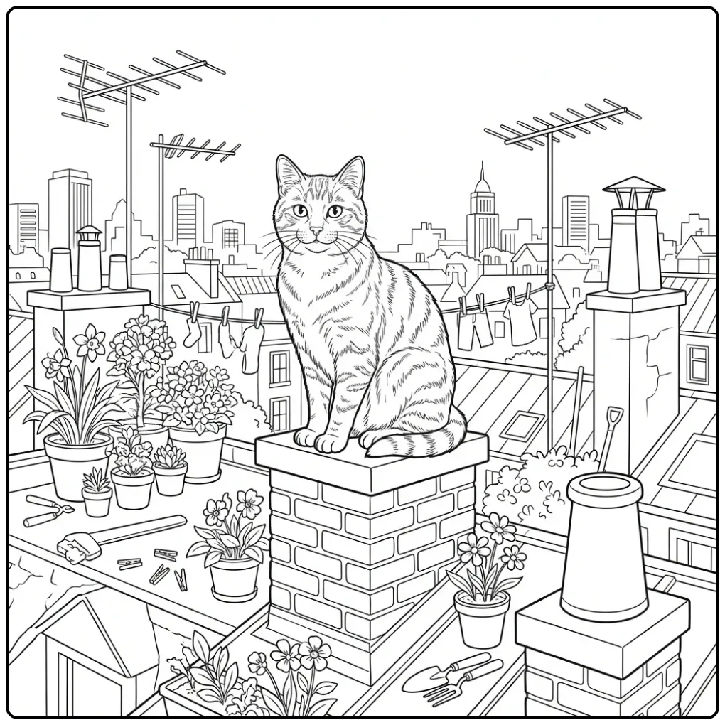 Detailed Cat Among the Chimneys coloring page