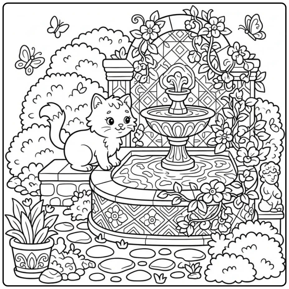 Detailed Cat in the Garden coloring page