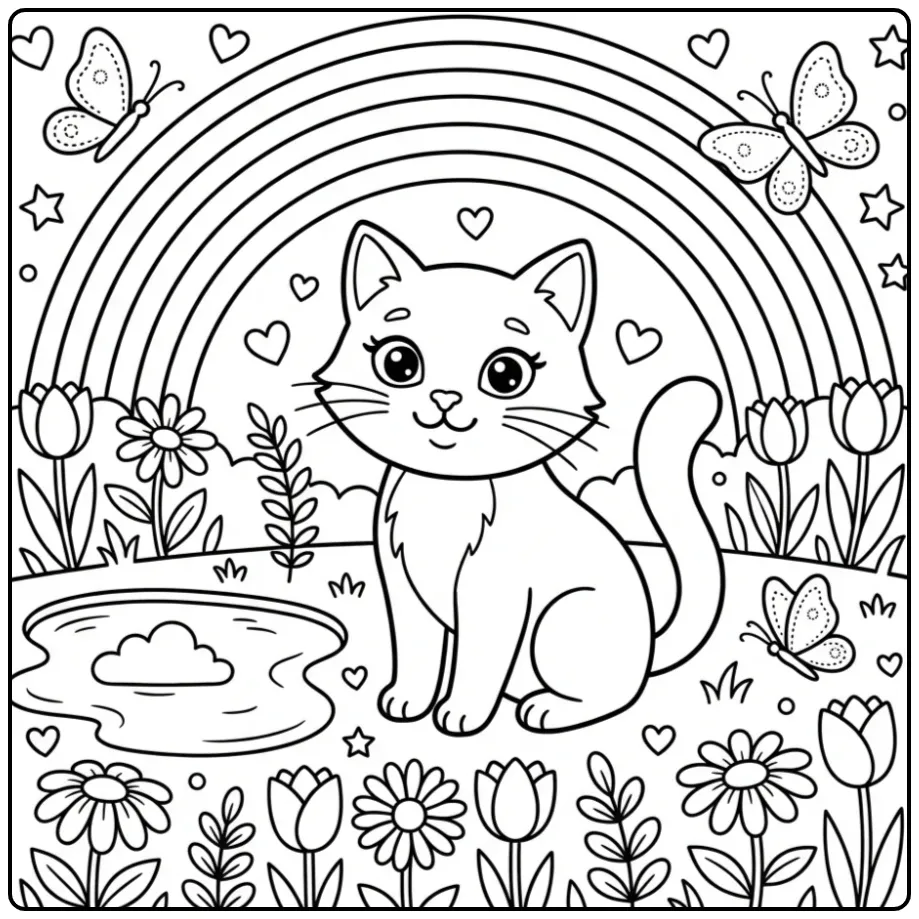 Rainbow Cat in a Flower Meadow coloring page
