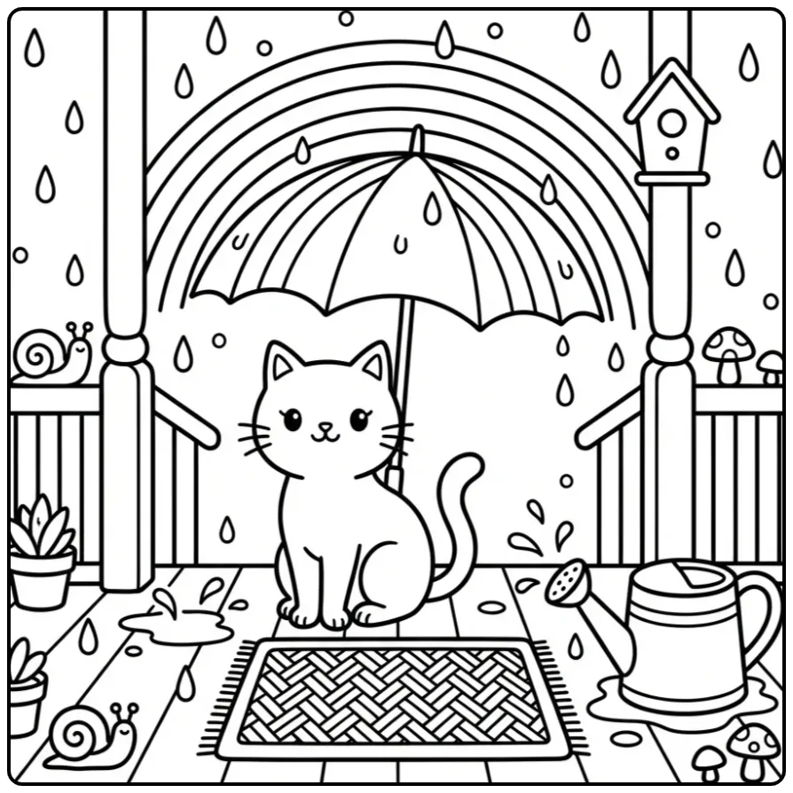 Rainbow Cat with Umbrella and Watering Can coloring page