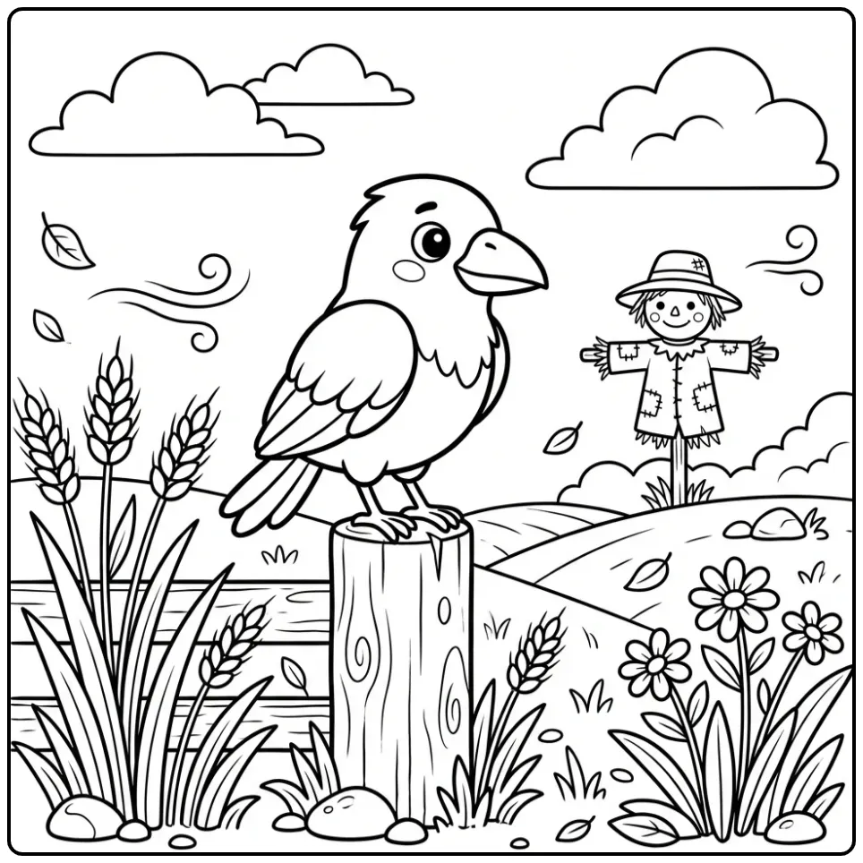 Raven on a Wooden Fence with a Scarecrow coloring page