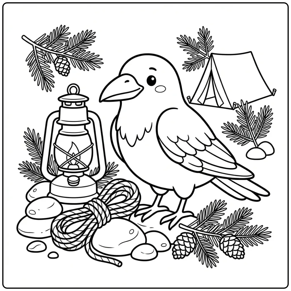 Raven Collecting Treasures at the Campsite coloring page