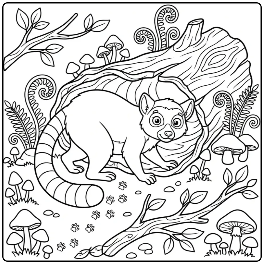 Ring-tailed lemur coloring page featuring a lemur in the forest