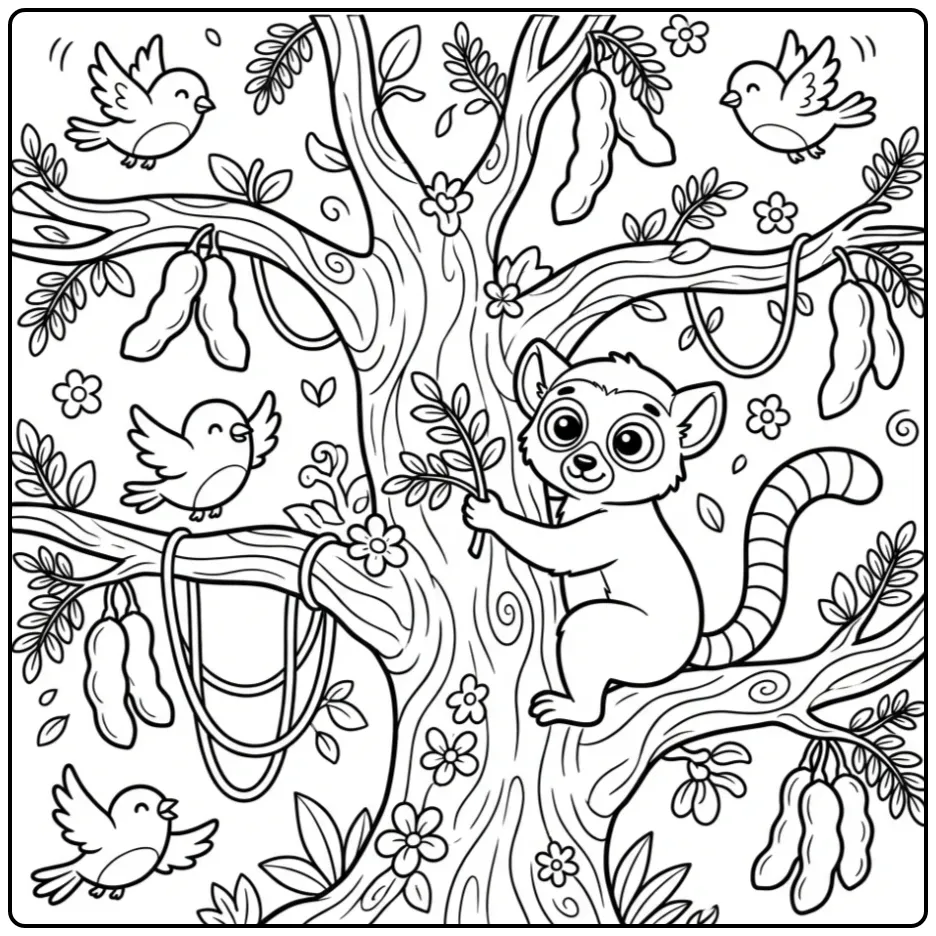 Ring-tailed lemur coloring page showing a lemur in a tree