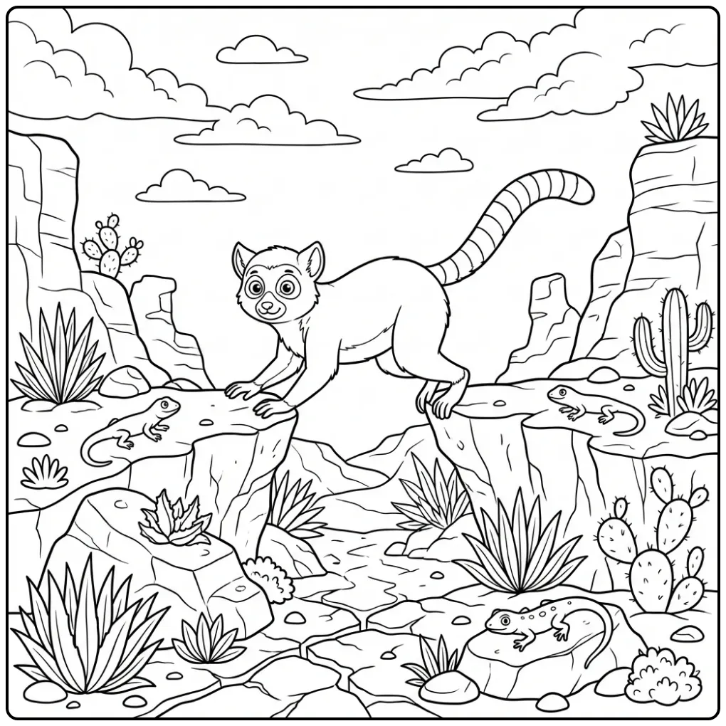 Ring-tailed lemur coloring page showing a lemur jumping
