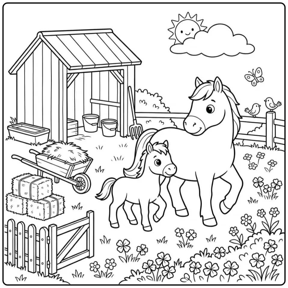 Cute Horse with Foal on the Farm coloring page