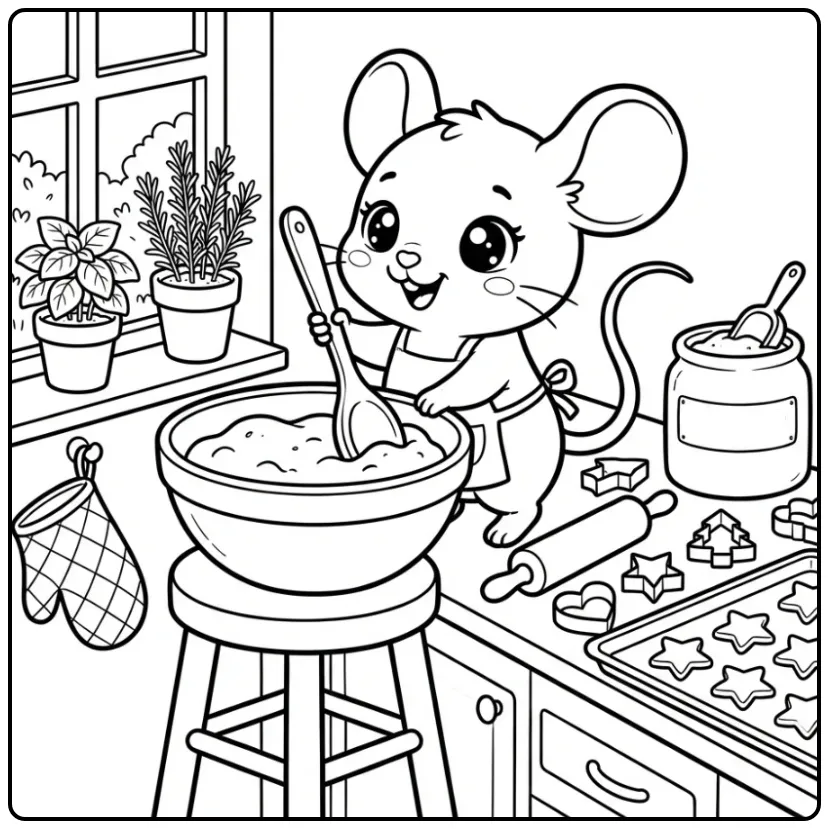 Cute Mouse Baking Cookies in the Kitchen coloring page