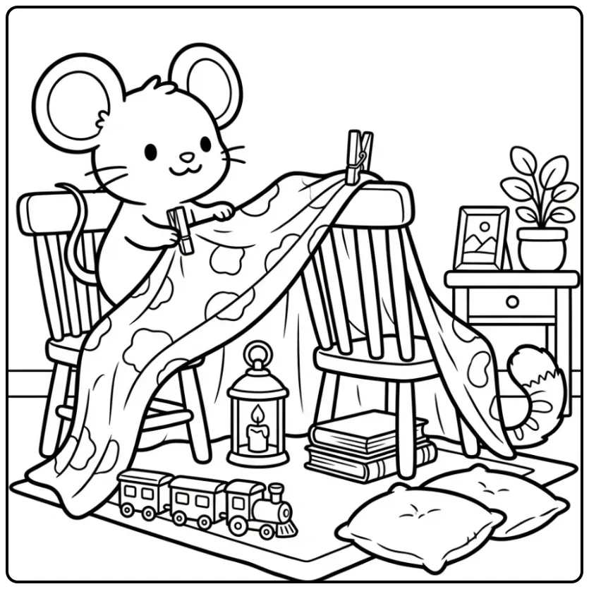 Cute Mouse Playing Indoors with a Tent coloring page