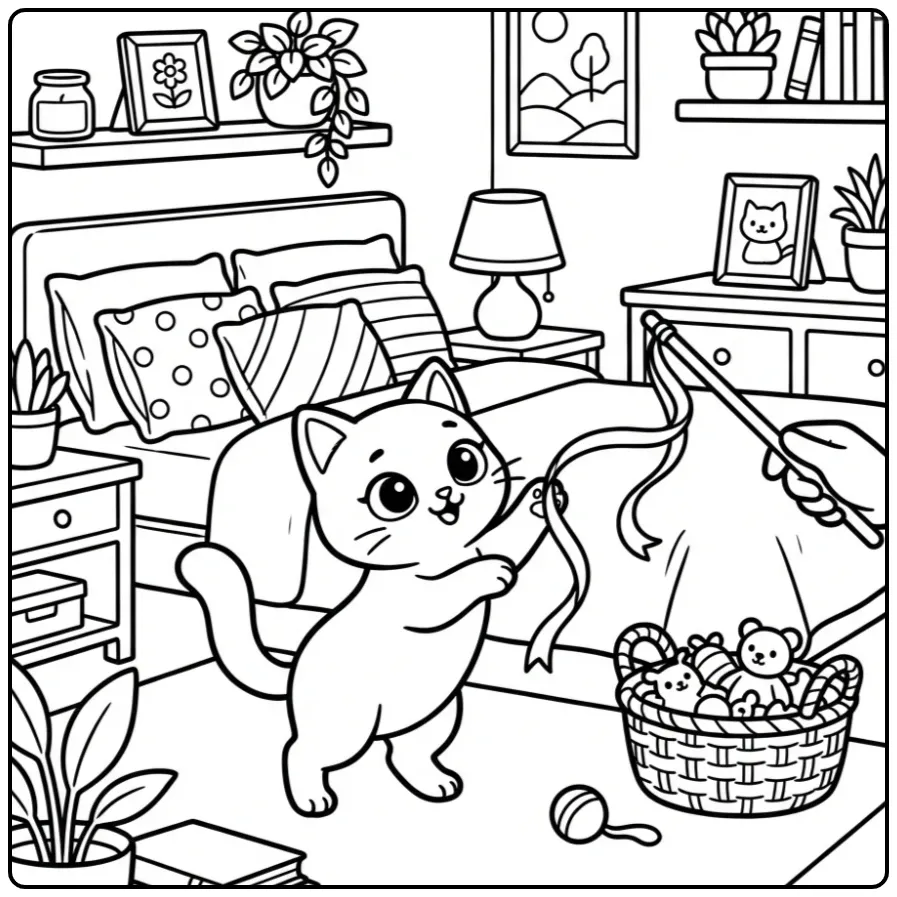 Cute Cat in a Cozy Bedroom coloring page