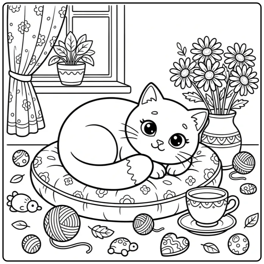 Cute Cat with Teacup and Daisies coloring page