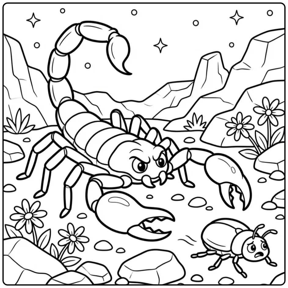 Scorpion coloring page featuring a scorpion and a beetle in the desert