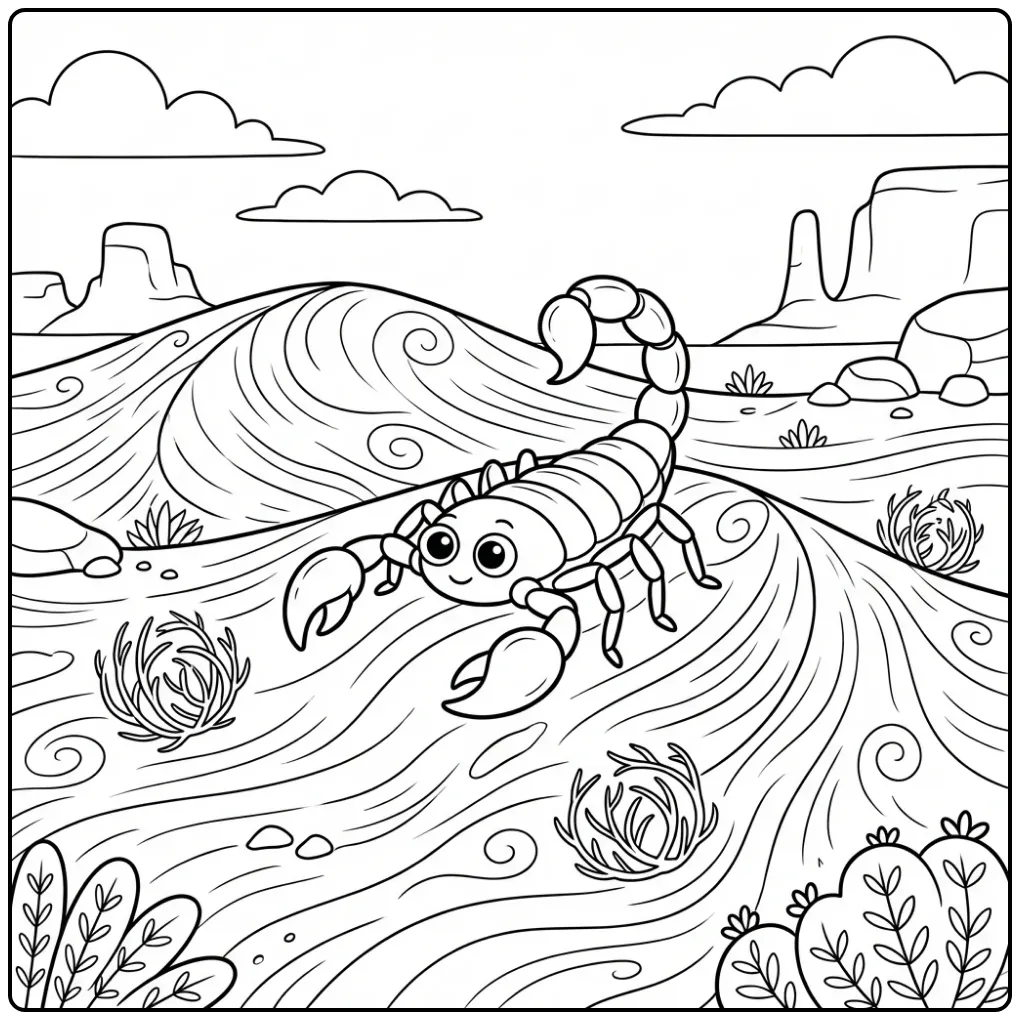 Scorpion coloring page showing a scorpion in the dunes
