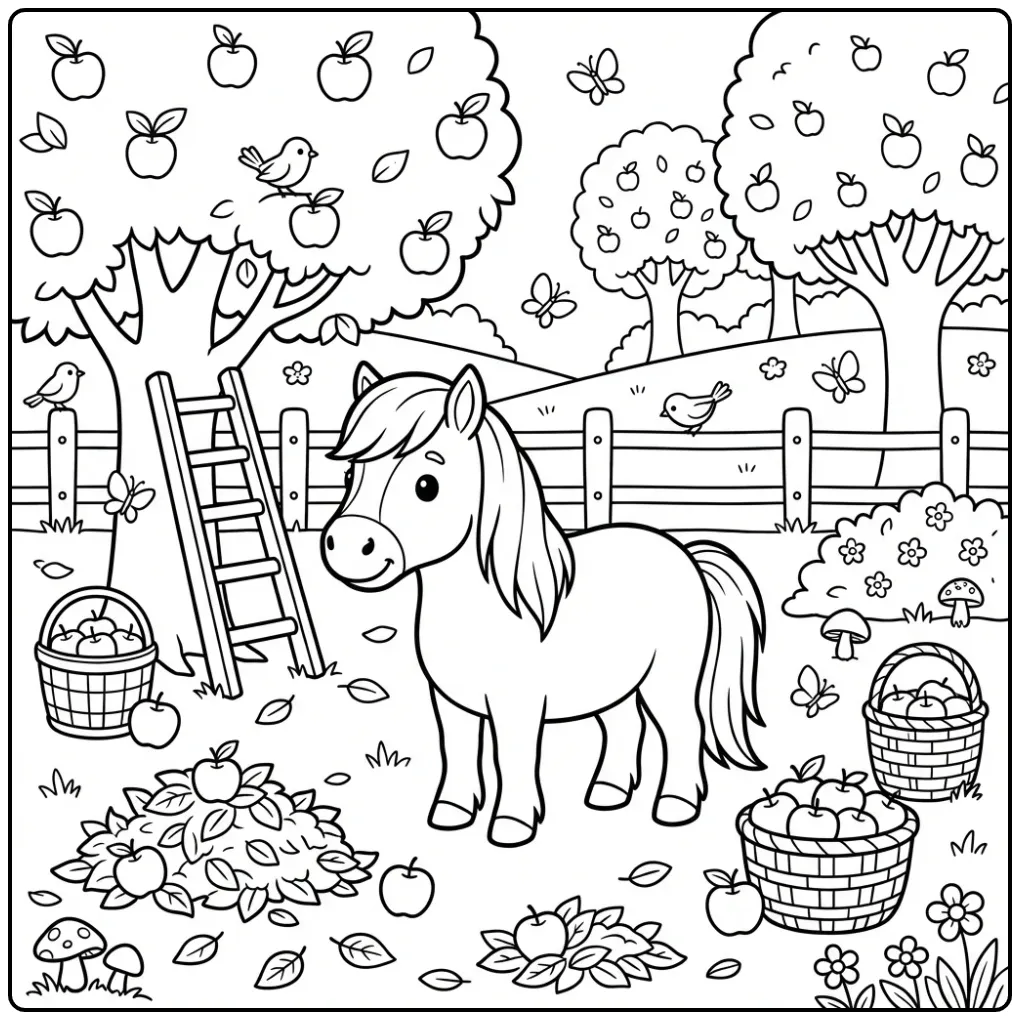 Shetland Pony with Apples and Autumn Leaves coloring page