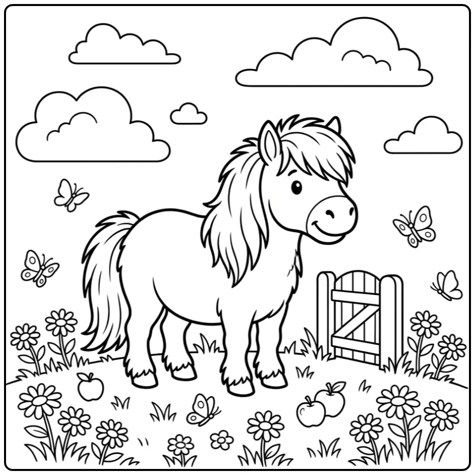 Shetland pony coloring page in a meadow with apples