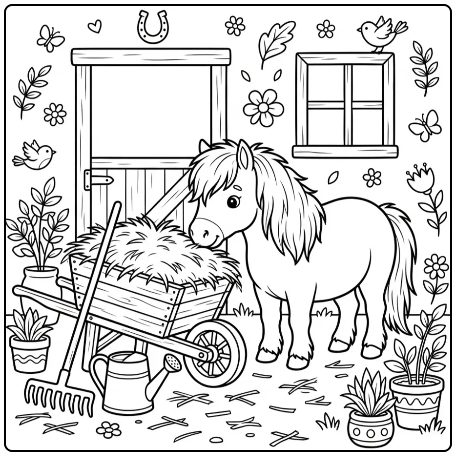 Shetland Pony with Hay and Farm Supplies coloring page