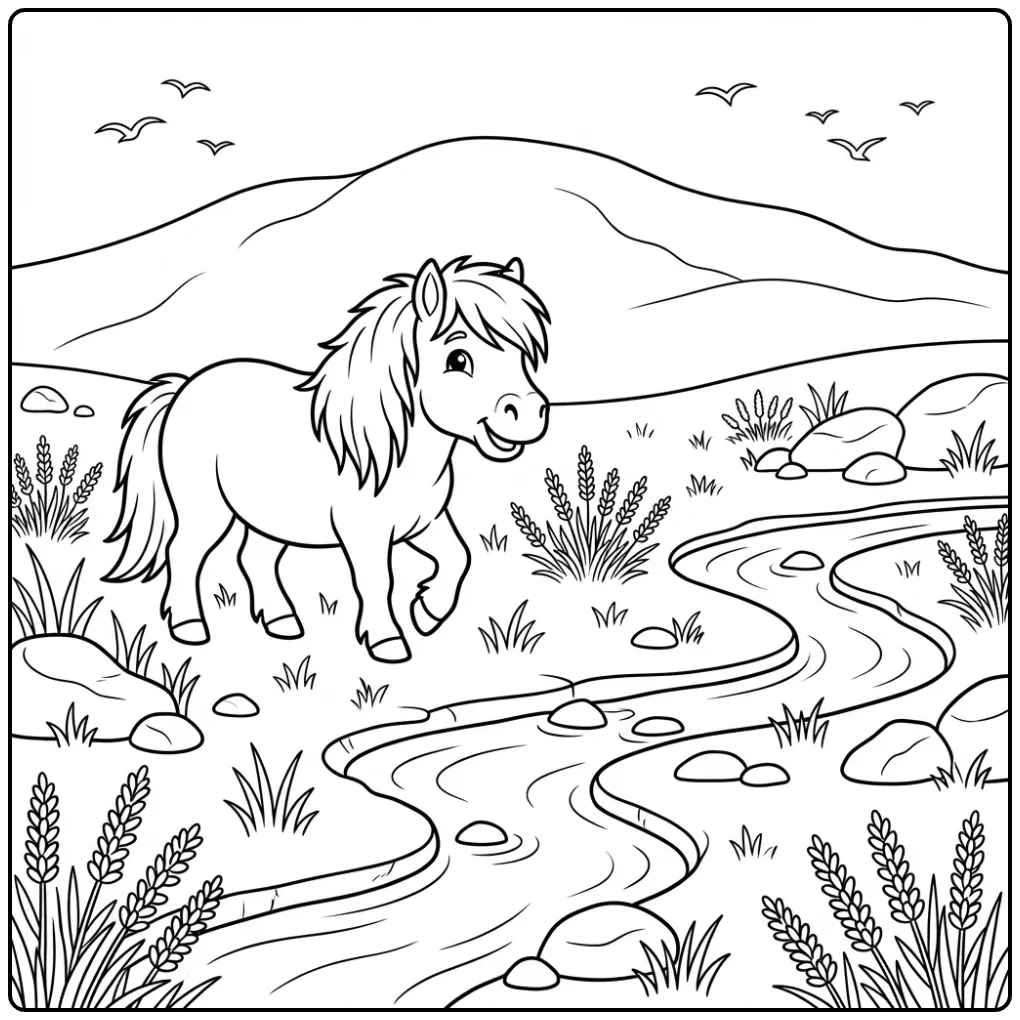 Shetland Pony That Walking with a Small Stream coloring page
