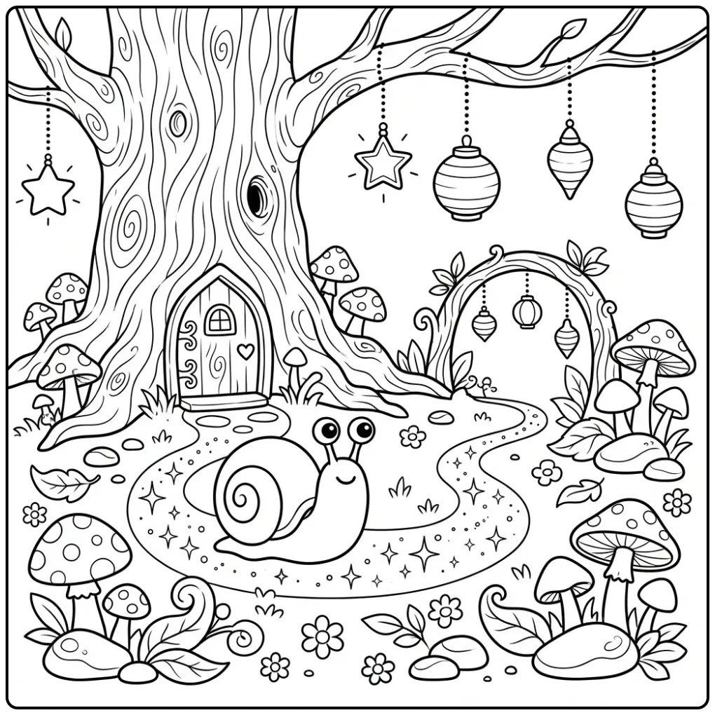 Magical snail coloring page by a fairy door in the forest