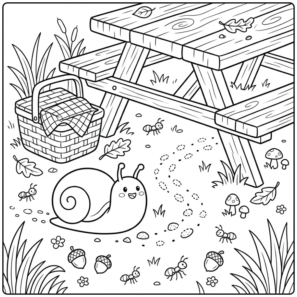 Snail with Crumbs and a Picnic Basket coloring page