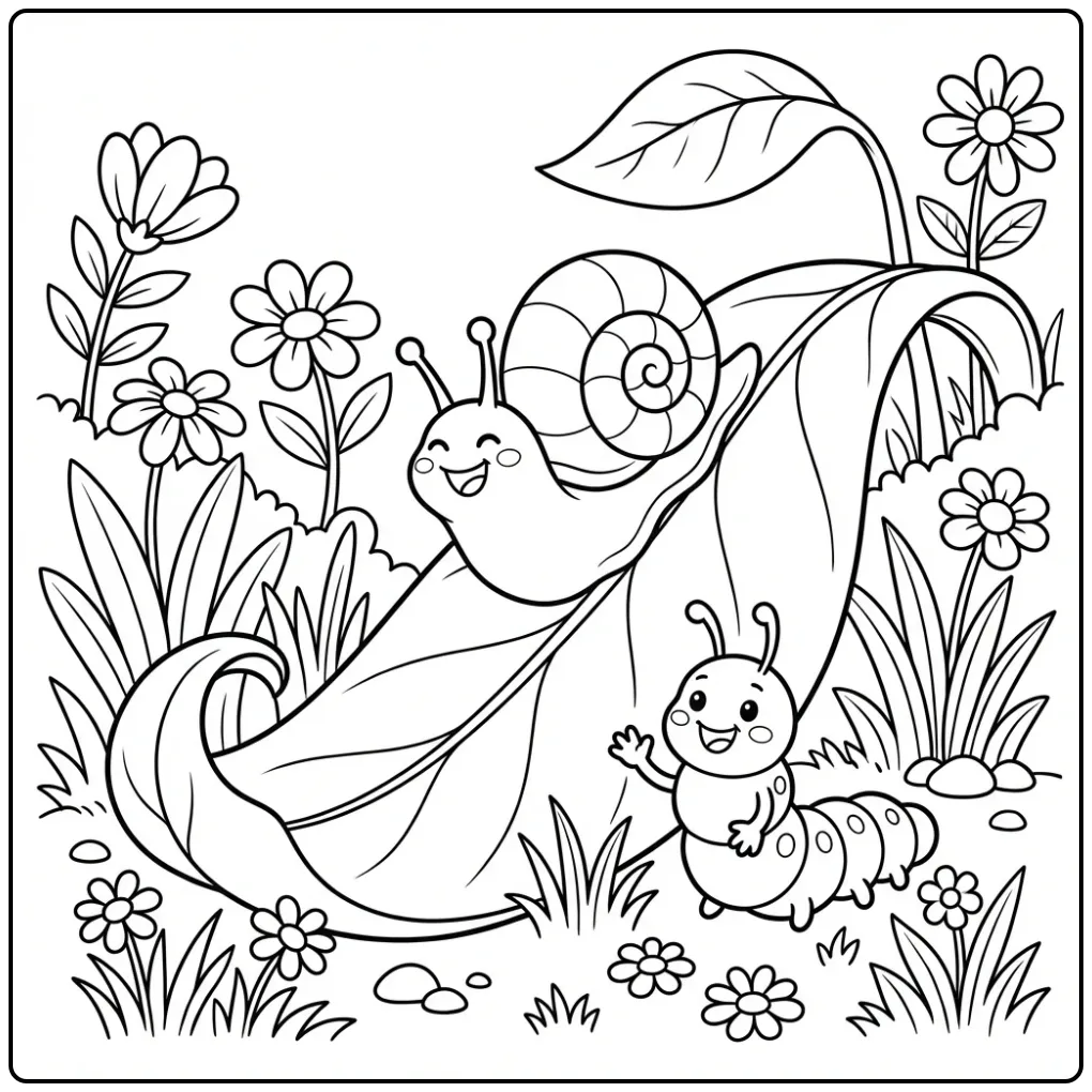 Snail on a Leaf Slide with a Caterpillar coloring page