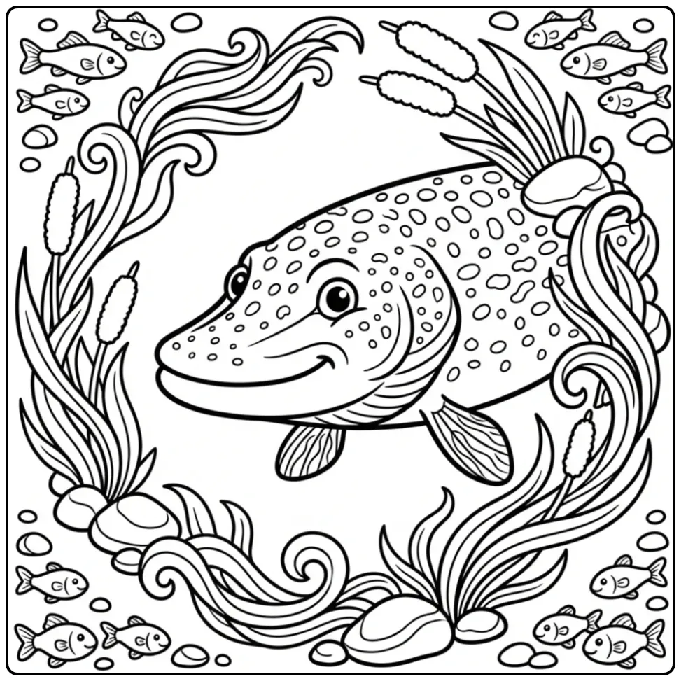 Cute Pike Fish Among Reeds and Water Plants coloring page