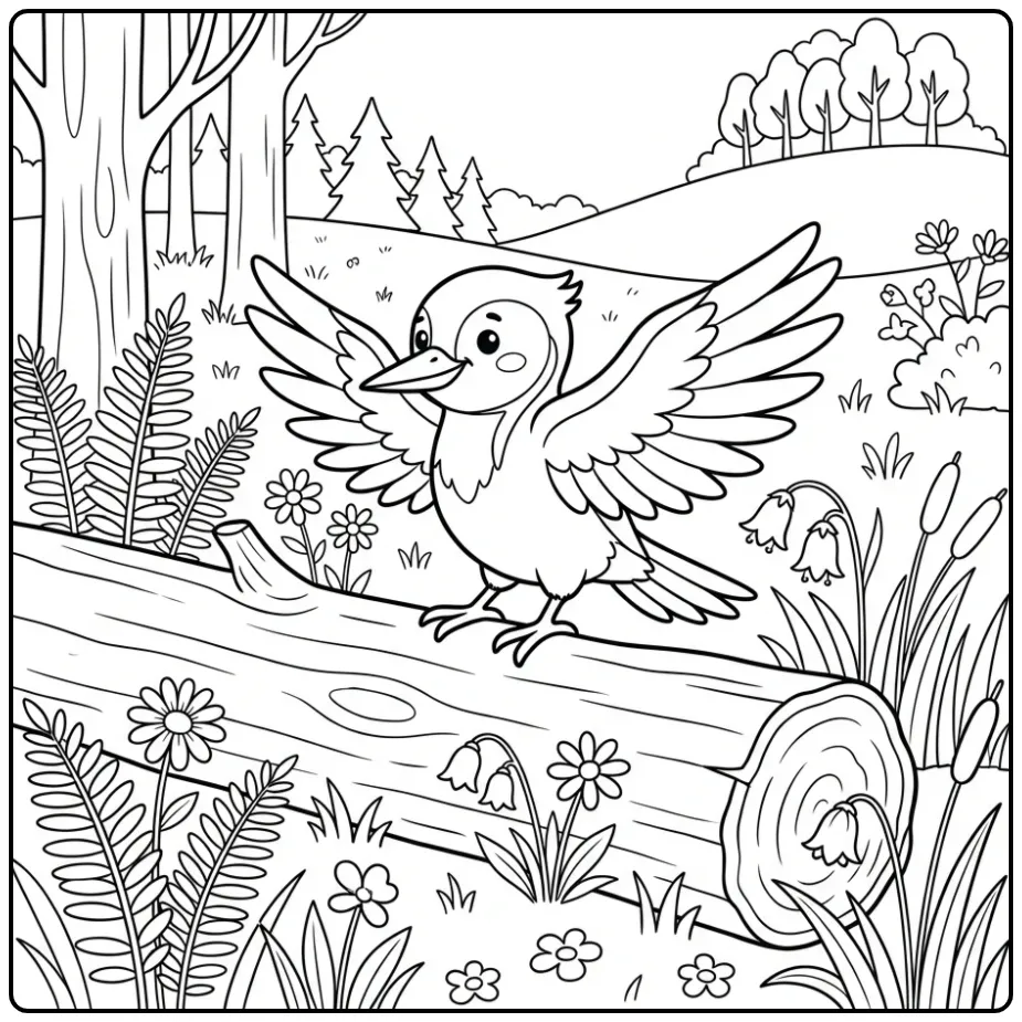 Woodpecker on a Tree Trunk with Flowers and Ferns coloring page
