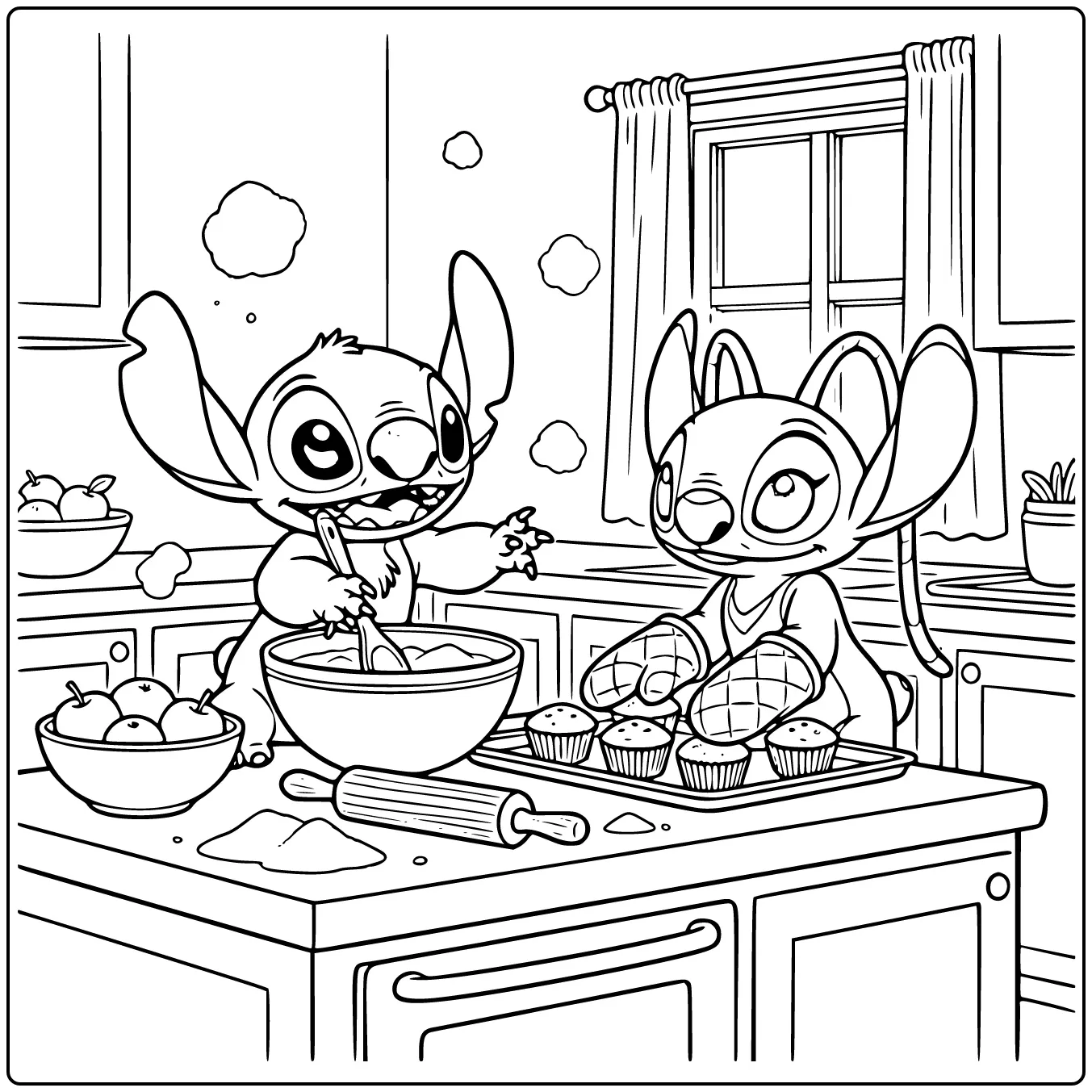 Stitch and Angel Baking Cookies Together coloring page