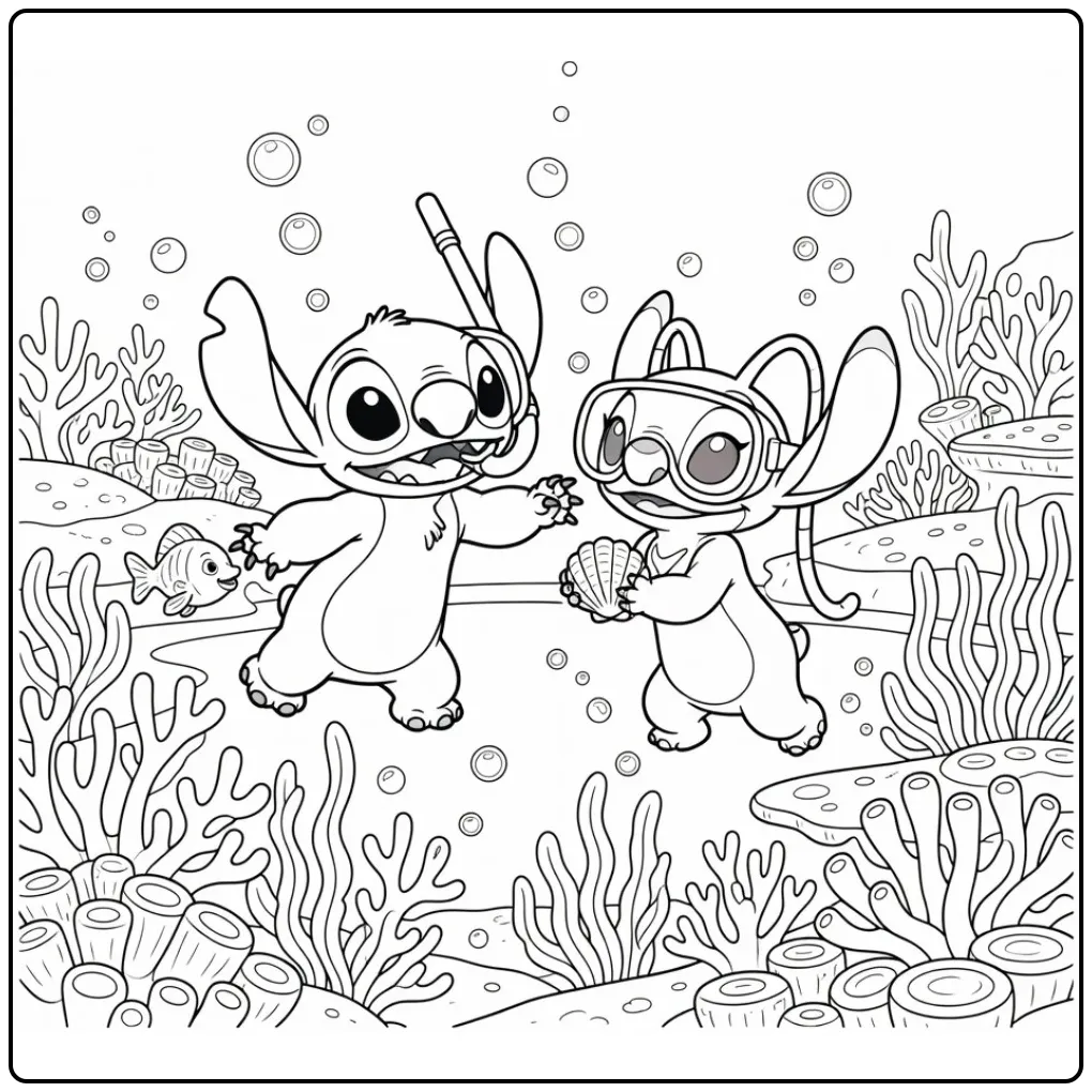 Stitch and Angel Discovering the Underwater World coloring page
