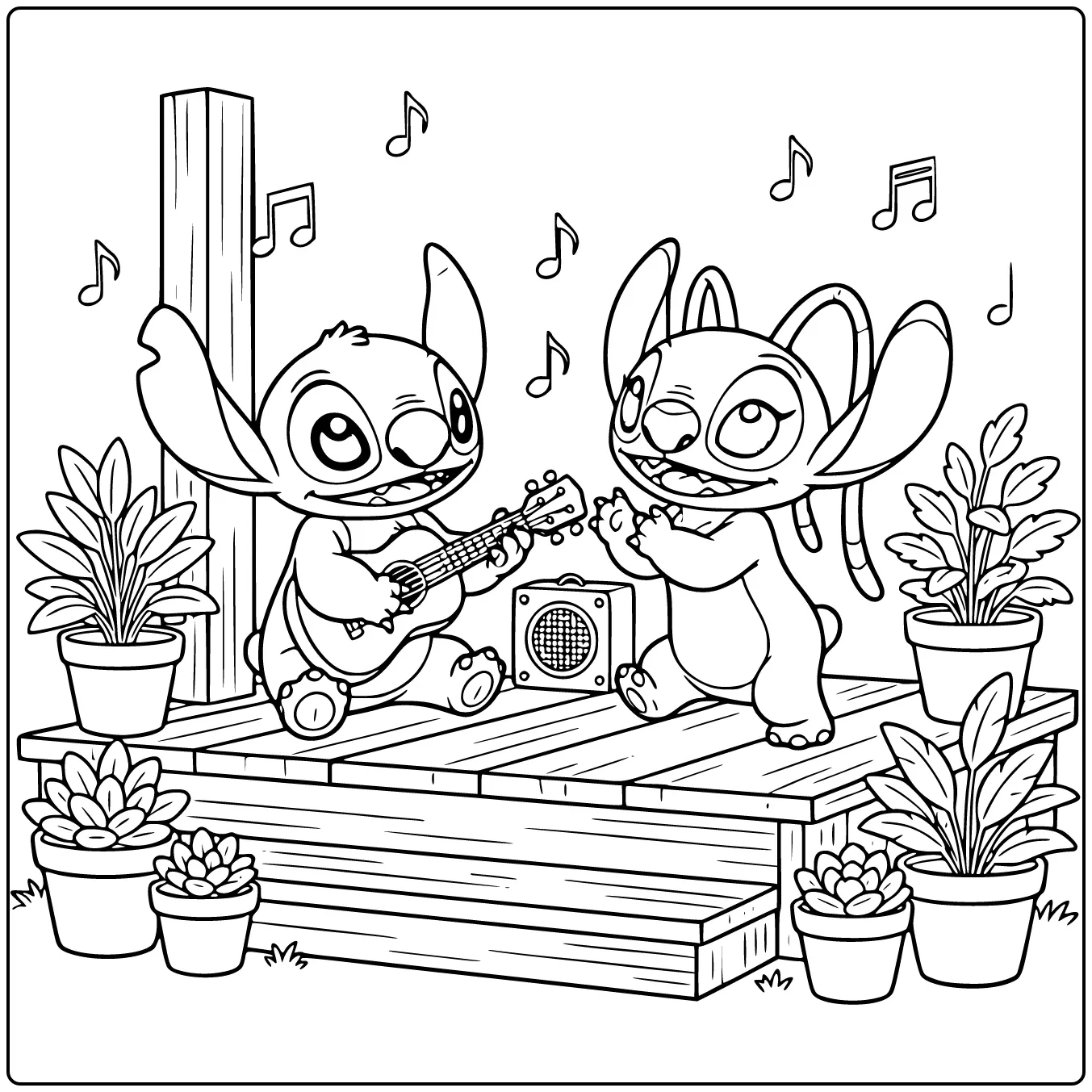Stitch and Angel Playing Ukulele on the Veranda coloring page