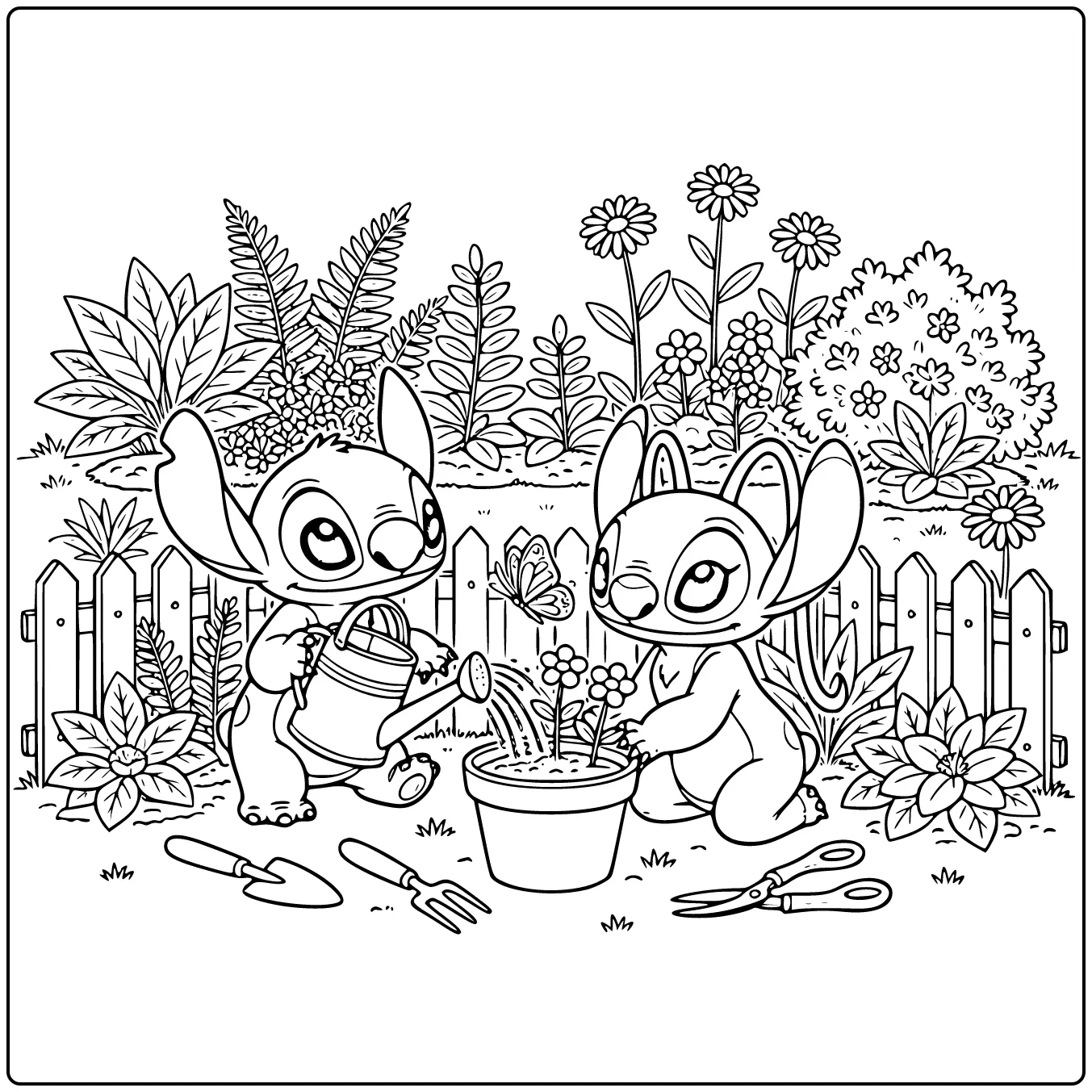 Stitch and Angel Gardening Together in the Spring coloring page