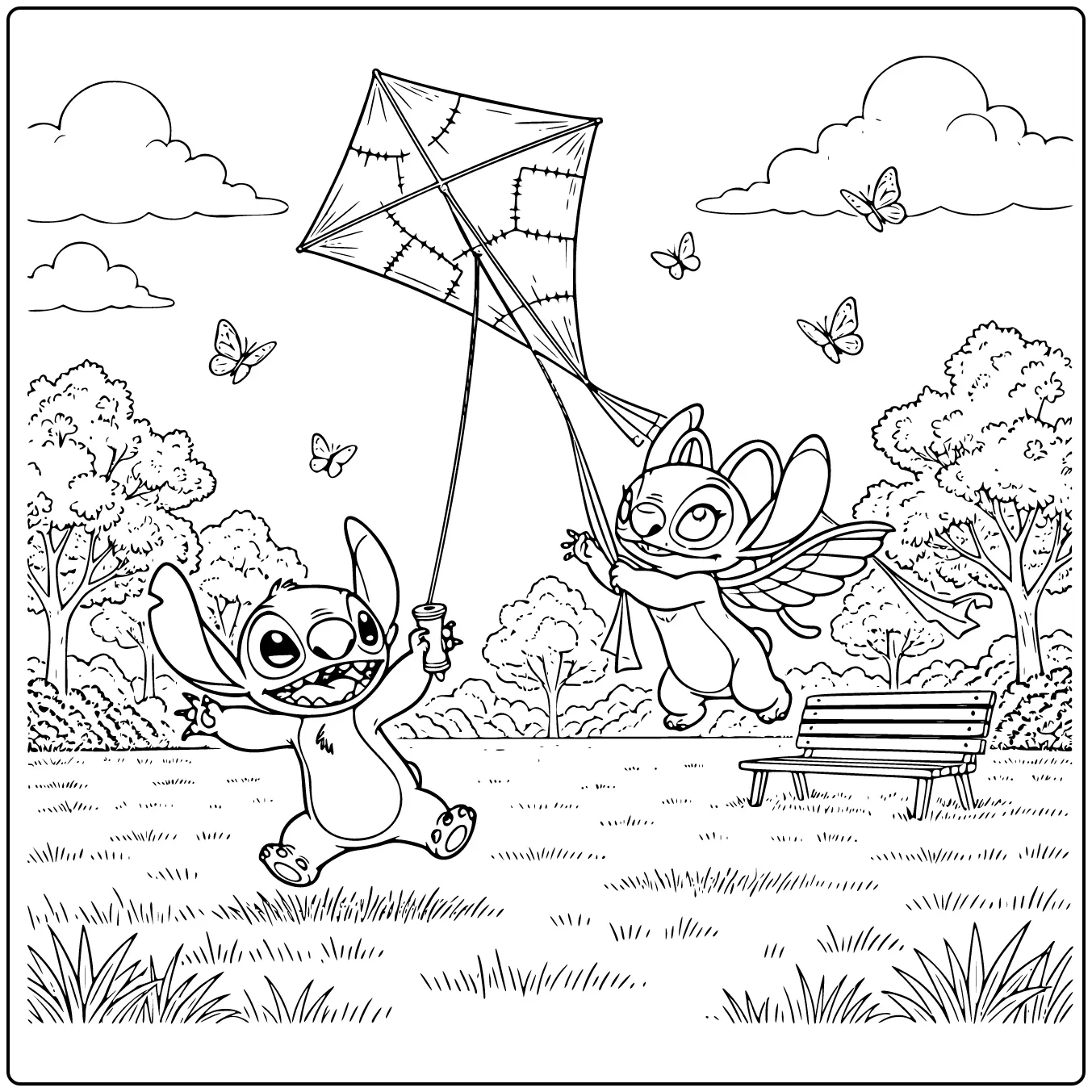 Stitch and Angel Flying a Kite in the Park coloring page