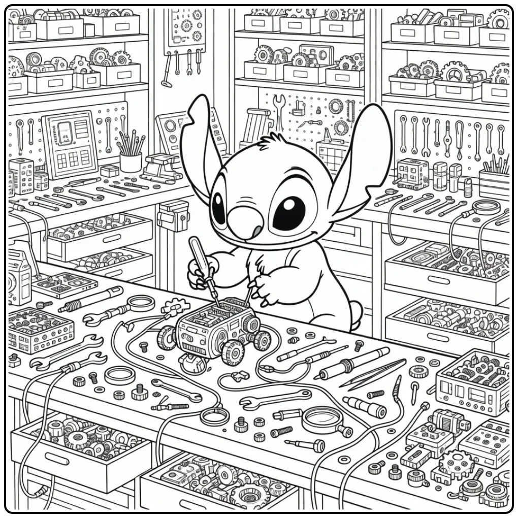 Detailed Stitch Crafting a Little Robot coloring page