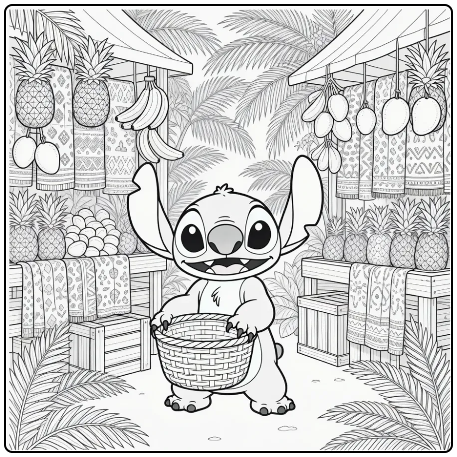 Detailed Stitch Tropical Market Scene coloring page