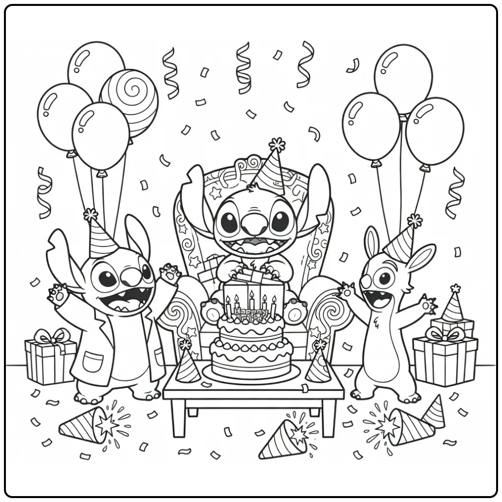 Stitch Birthday with Jumba and Pleakley coloring page