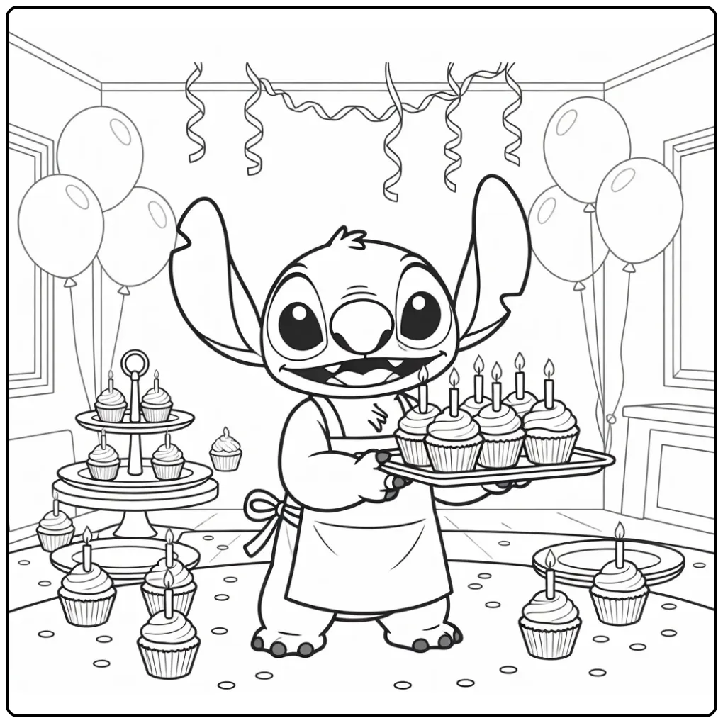 Birthday Stitch as Chef with Cupcakes coloring page