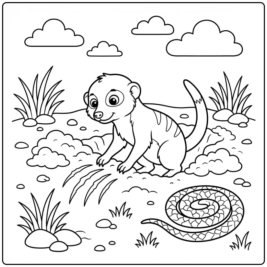 Meerkat coloring page showing a meerkat digging a burrow