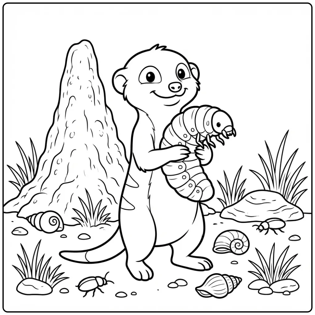 Meerkat coloring page featuring a meerkat with a larva
