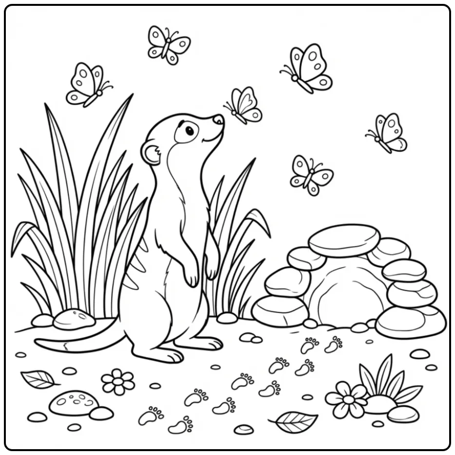 Meerkat coloring page showing a meerkat among butterflies
