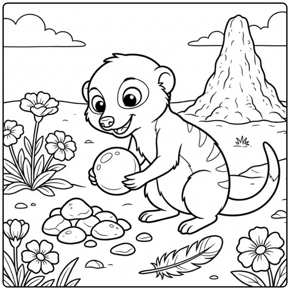 Meerkat coloring page featuring a meerkat with a stone